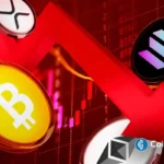 Imagem ilustrativa mostrando moedas de Bitcoin, XRP, Solana e Ethereum sobre fundo vermelho com gráficos de tendência de baixa