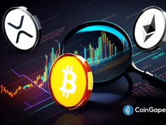 Ilustração mostrando moedas de Bitcoin, Ethereum e XRP com gráficos de análise técnica e lupa.