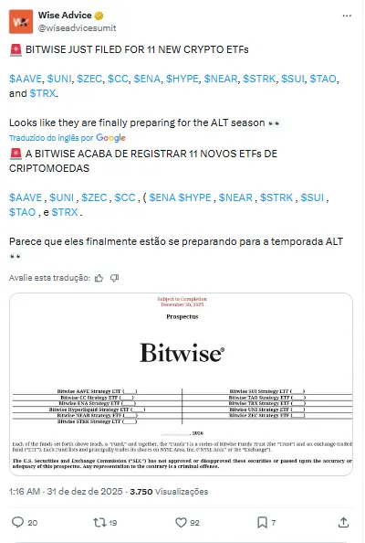 Tweet anunciando que Bitwise registrou 11 novos ETFs de criptomoedas incluindo AAVE, UNI, ZEC e outros tokens, preparando-se para altseason.