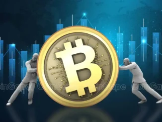 Moeda de Bitcoin dourada com figuras empurrando em direções opostas sobre fundo de gráficos de candlestick