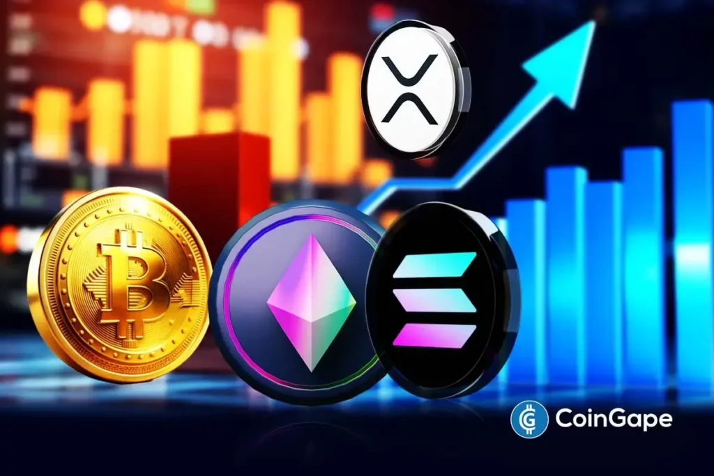 Moedas de Bitcoin, Ethereum, XRP e Solana em destaque com gráficos de candlestick e seta de tendência ascendente ao fundo
