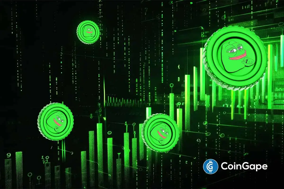 Imagens de moedas PEPE com o mascote sapo sobre fundo verde com gráficos de alta