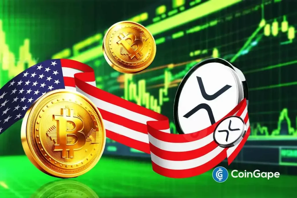 Moedas de Bitcoin e XRP envoltas pela bandeira americana sobre fundo verde com gráficos de mercado cripto em alta, representando regulação nos Estados Unidos.