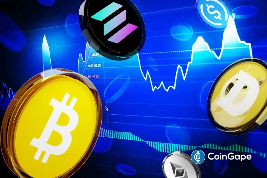 Moedas de Bitcoin, Dogecoin, Ethereum e Solana sobre fundo azul com gráficos de mercado mostrando análise técnica e movimentação de preços das criptomoedas.