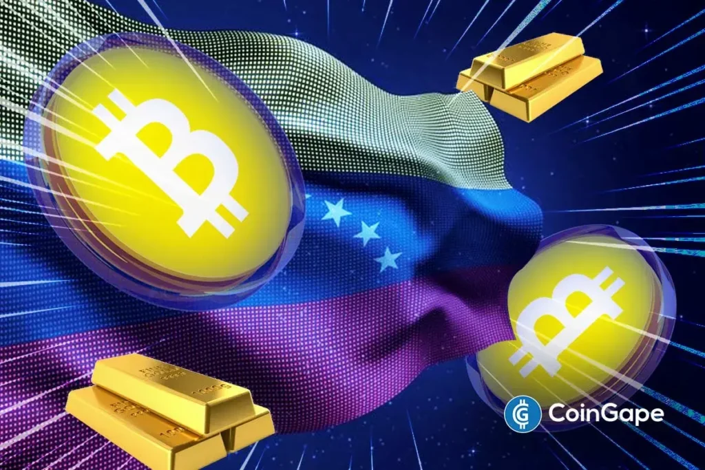 Ilustração digital mostrando símbolos do Bitcoin em esferas douradas e barras de ouro físico sobre a bandeira da Venezuela com elementos tecnológicos luminosos.