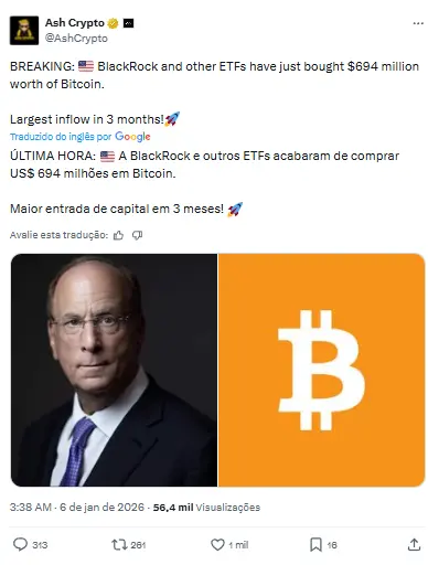 Captura de tela de tweet do analista Ash Crypto informando sobre entrada recorde de US$ 694 milhões em ETFs de Bitcoin pela BlackRock e outras gestoras