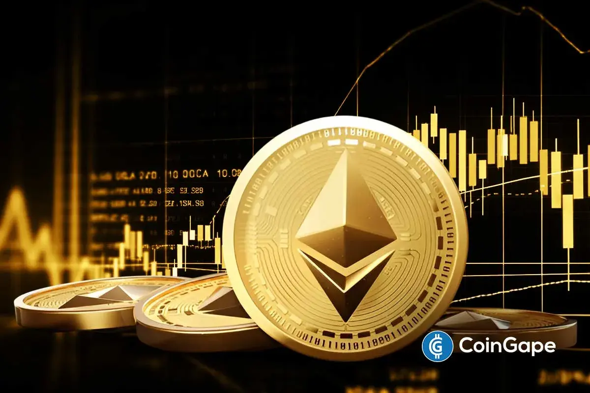 Moedas douradas de Ethereum com gráfico de candlestick ao fundo indicando análise técnica de preço