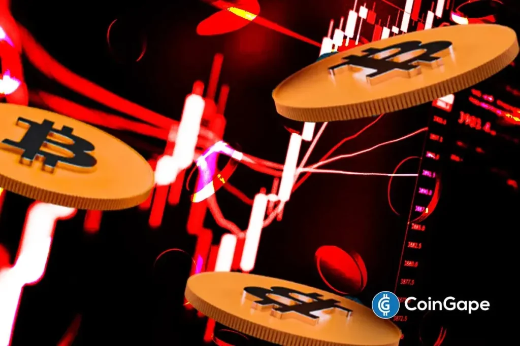 Ilustração 3D de moedas de Bitcoin com símbolo BTC em fundo vermelho e gráficos de candlestick indicando tendência de baixa