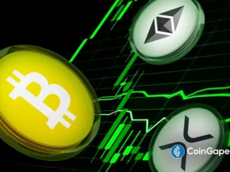 Ilustração digital de moedas de Bitcoin, Ethereum e Litecoin com gráficos de preço.