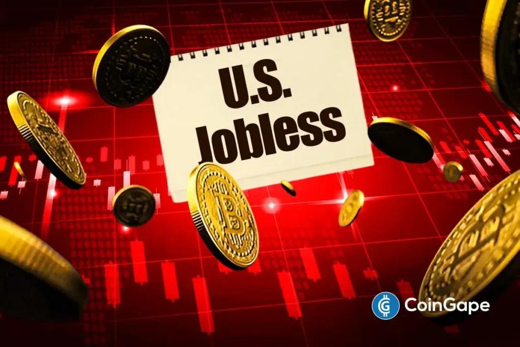 Imagem ilustrativa mostrando bloco de notas com texto "U.S. Jobless" cercado por moedas de Bitcoin em fundo vermelho com gráficos.