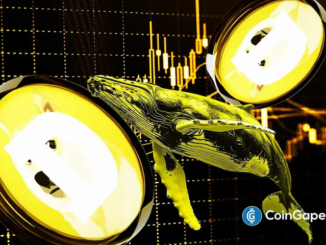 Arte conceitual mostrando touros dourados com logotipo do Dogecoin sobre fundo de gráficos de trading com candlesticks amarelos.