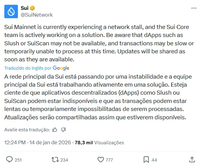 Comunicado oficial da Sui Network no X informando sobre paralisação da mainnet e indisponibilidade de dApps.
