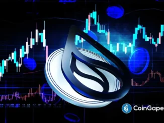 Logotipo da rede Sui em destaque com gráficos de candlestick e análise técnica ao fundo.