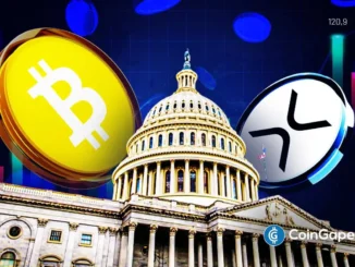 Moedas digitais Bitcoin e XRP em destaque com o Capitólio dos EUA ao fundo