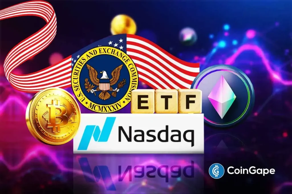Ilustração digital mostrando logos do Bitcoin, Ethereum, SEC, Nasdaq e texto ETF com bandeira americana ao fundo.
