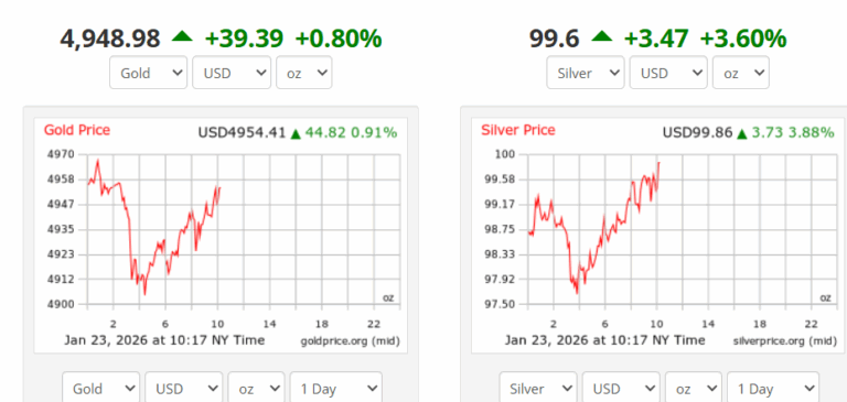 Gráficos mostrando ouro a US$ 4.948,98 com alta de 0,80% e prata a US$ 99,6 com alta de 3,60%
