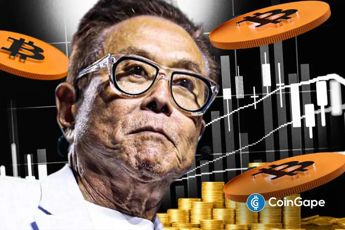 Ilustração de Robert Kiyosaki com símbolos de Bitcoin, gráficos financeiros e moedas de ouro ao fundo