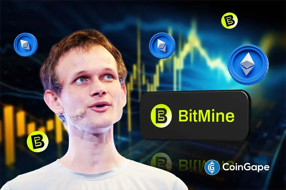 Ilustração mostrando Vitalik Buterin com símbolos de Ethereum e logotipo da BitMine sobre fundo de gráfico de preços de criptomoedas