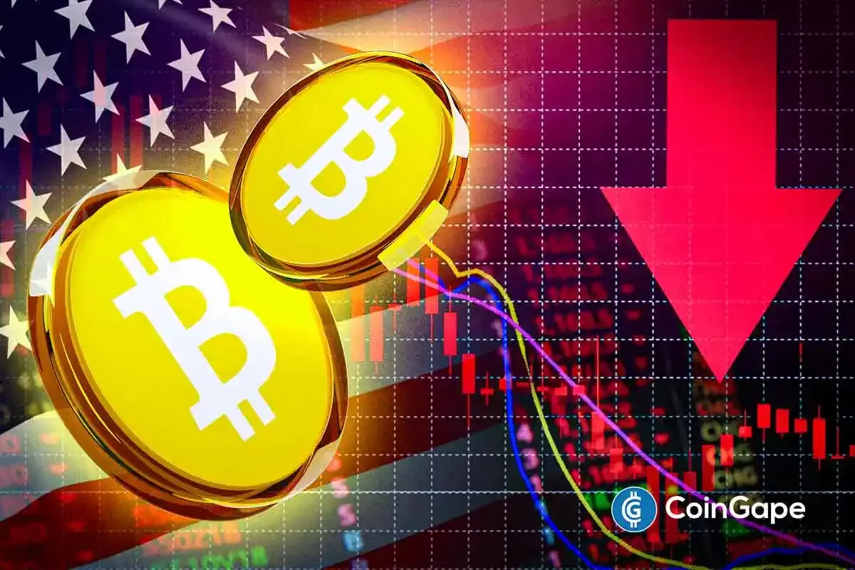 Ilustração mostrando moedas de Bitcoin com gráfico de queda e bandeira americana ao fundo.