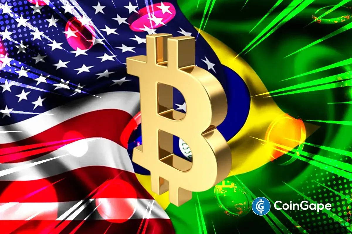 Símbolo dourado de bitcoin entre as bandeiras do Brasil e dos Estados Unidos representando a competição por reservas estratégicas de criptomoedas.