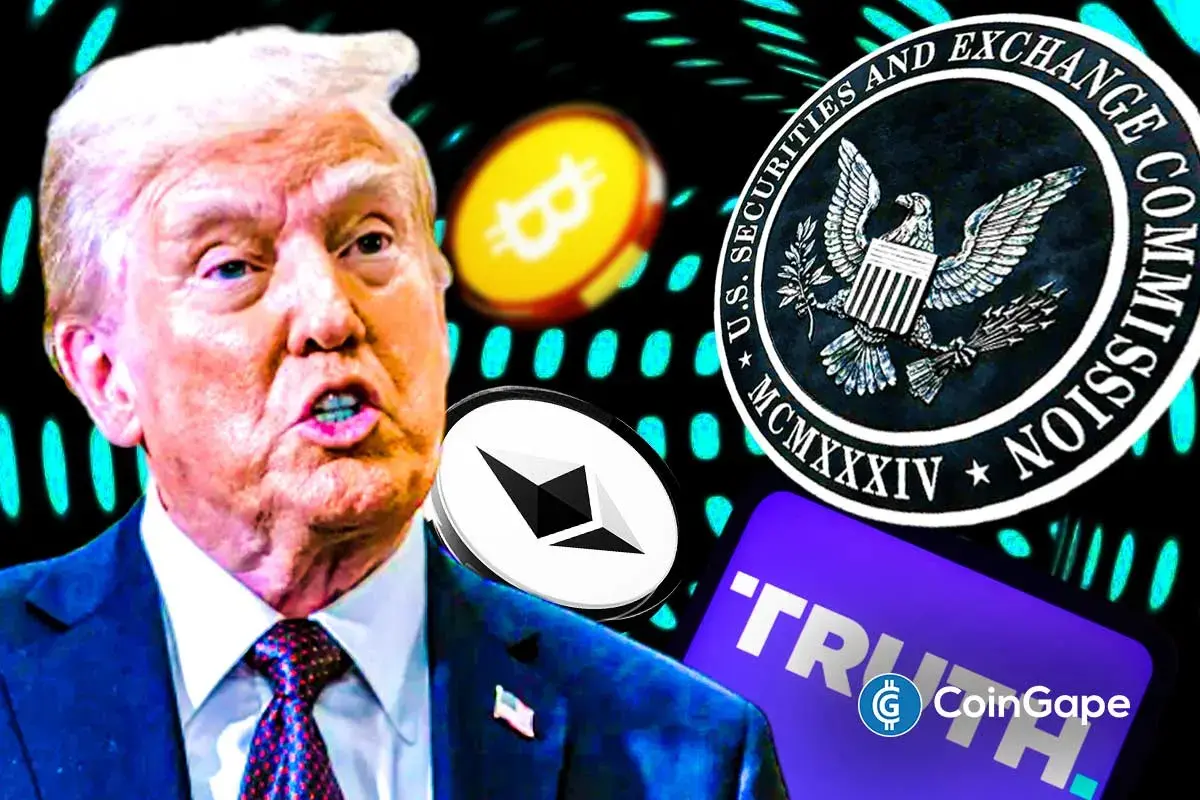 Composição digital mostrando Donald Trump ao lado dos logos da SEC, Bitcoin, Ethereum e Truth Social sobre fundo tecnológico.