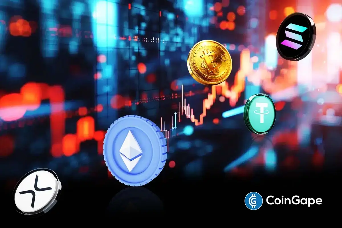 Arte digital mostrando moedas de Bitcoin, Ethereum, Solana e Tether flutuando sobre gráfico de candlestick em queda com fundo desfocado