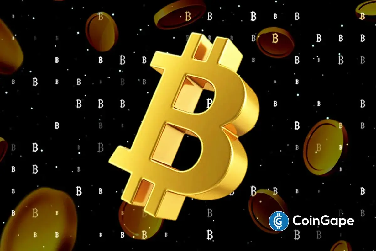 Símbolo dourado do Bitcoin em 3D flutuando sobre fundo escuro com múltiplos símbolos B menores ao redor.