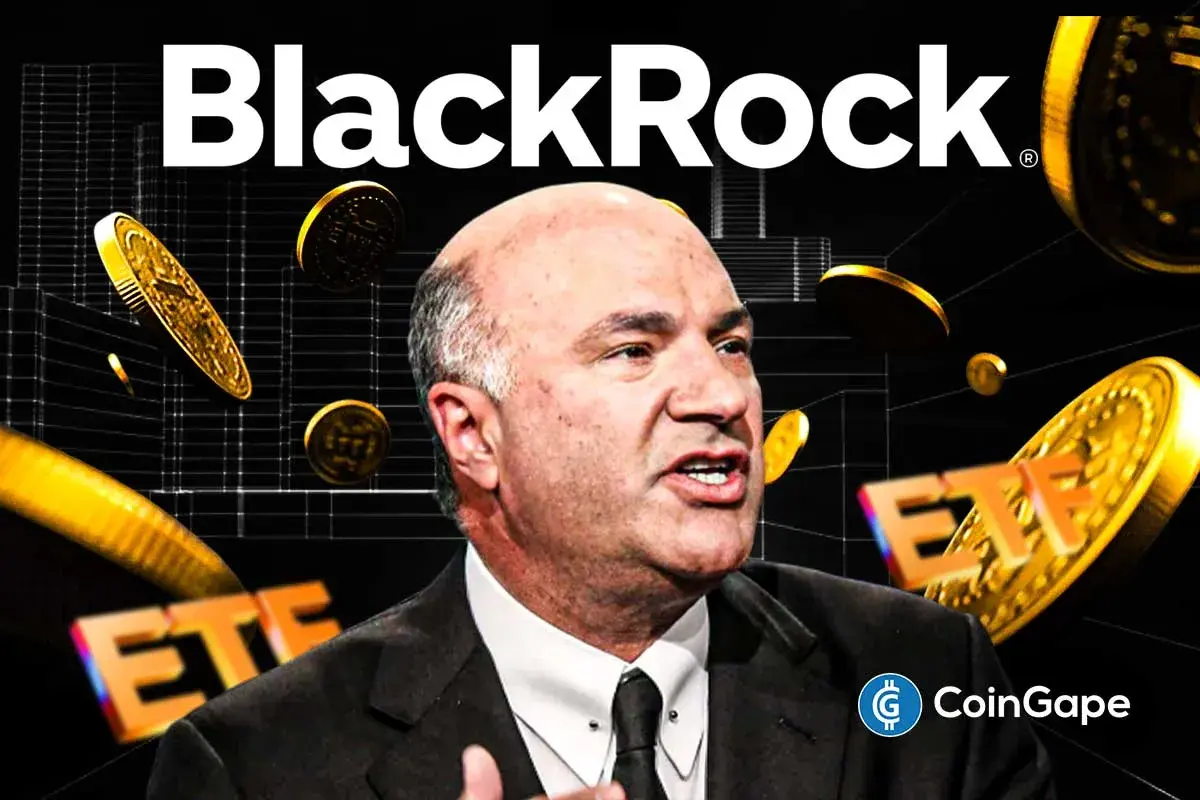 Montagem com o logotipo da BlackRock ao fundo, Kevin O'Leary em destaque e elementos visuais representando ETFs e criptomoedas douradas.