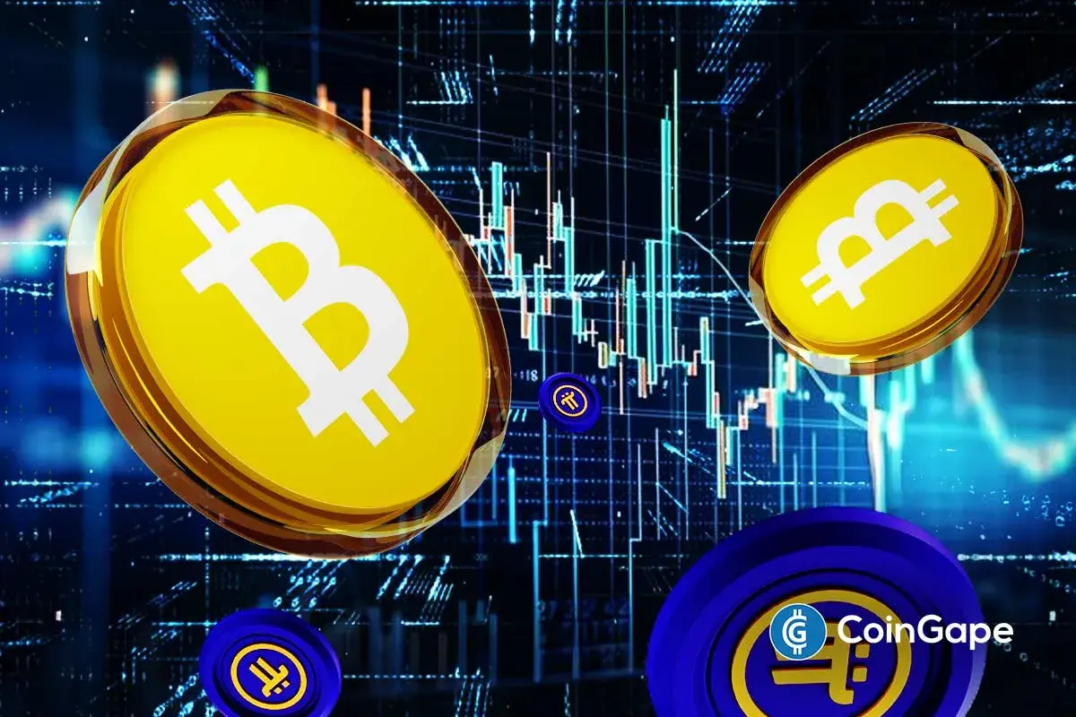 Representação gráfica das moedas digitais Bitcoin e Pi Network sobrepostas a um painel de gráficos financeiros em tons de azul.