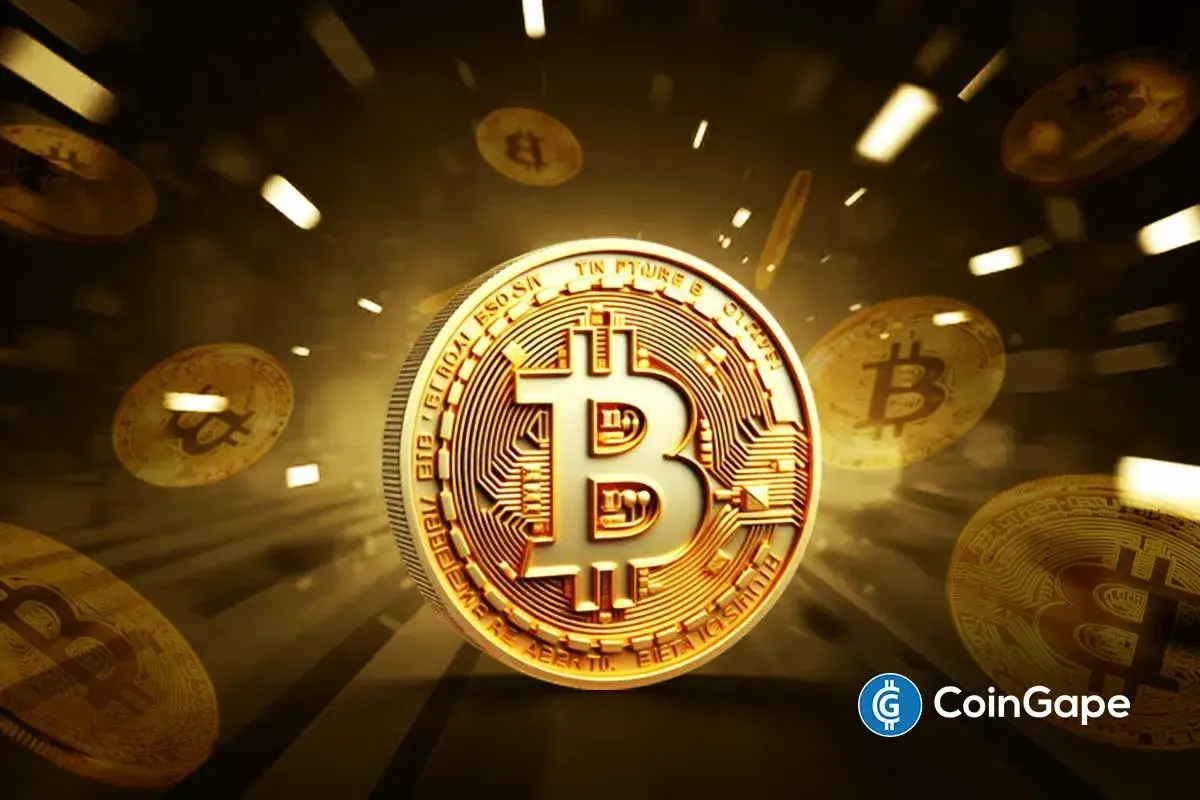 Ilustração digital de uma moeda de Bitcoin dourada em primeiro plano com outras moedas de Bitcoin desfocadas ao fundo e efeitos de luz dinâmicos.