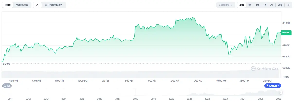 Gráfico do CoinMarketCap mostrando a variação do preço do Bitcoin nas últimas 24 horas, com cotação em US$ 67.550.