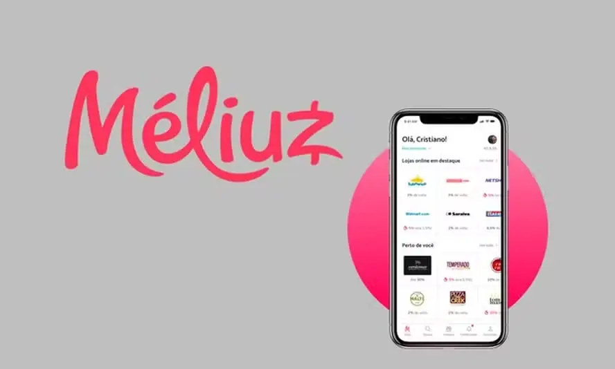 Imagem com o logo da Méliuz em rosa à esquerda e um smartphone exibindo a interface do aplicativo com lojas parceiras e ofertas de cashback à direita.